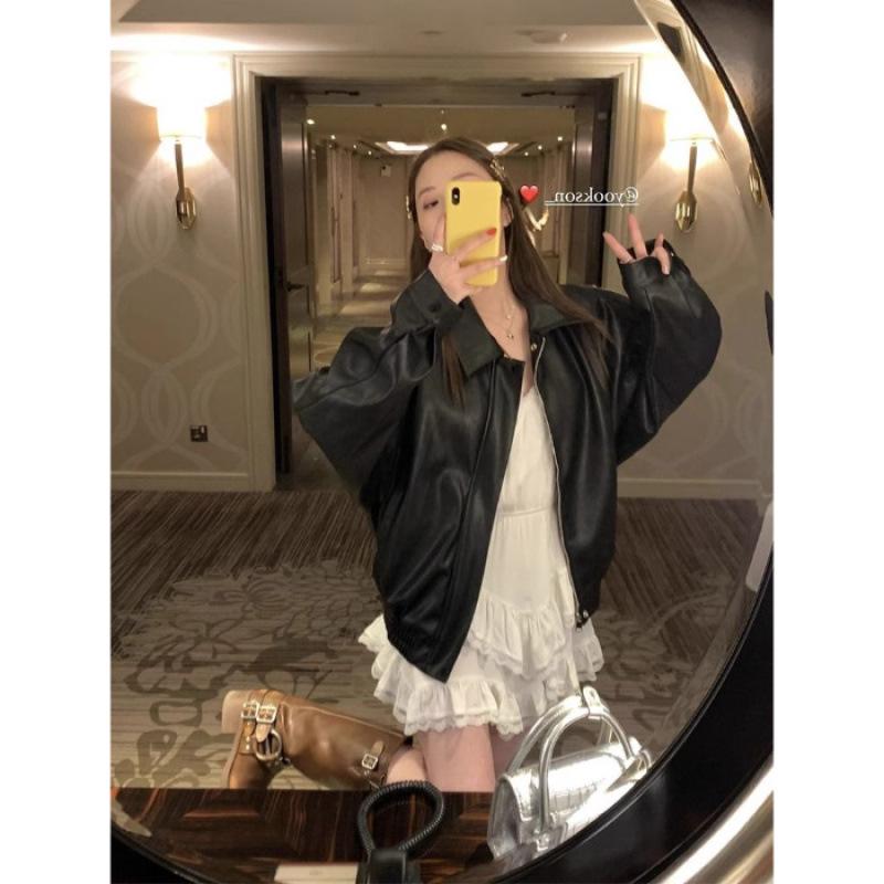 Women's High-End Retro PU Leather Coffee Jacket - Slimming, Windproof, Long Sleeve, Motorcycle Style.