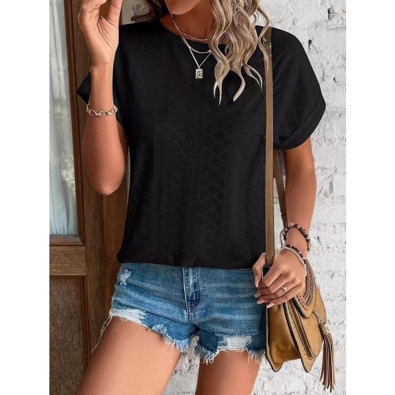 Spring and Summer Round Neck Hollow Out Women Blouse New Loose Short Sleeved T-shirt Solid Color Casual Simple Top Sweet Shirts Ladies Clothing