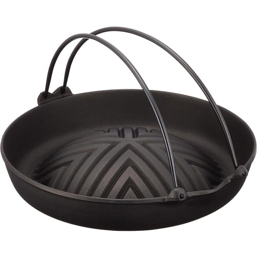 Iwachu Yakiniku and Genghis Khan Pot with Handle, Black Finish, for Direct Heat, Nanbu Ironware, 23006