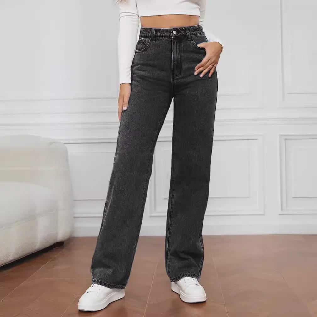 2024 Women's High-Waist Washed Jeans - European & American Style, Long Straight Fit (NK331)