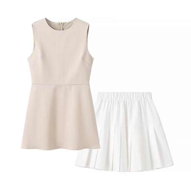 Spring and Summer New Women's Clothing Fashion Style Minimalist Easiest for Match Round Neck Sleeveless Short Top + Short Skirt Two-piece Set Dress
