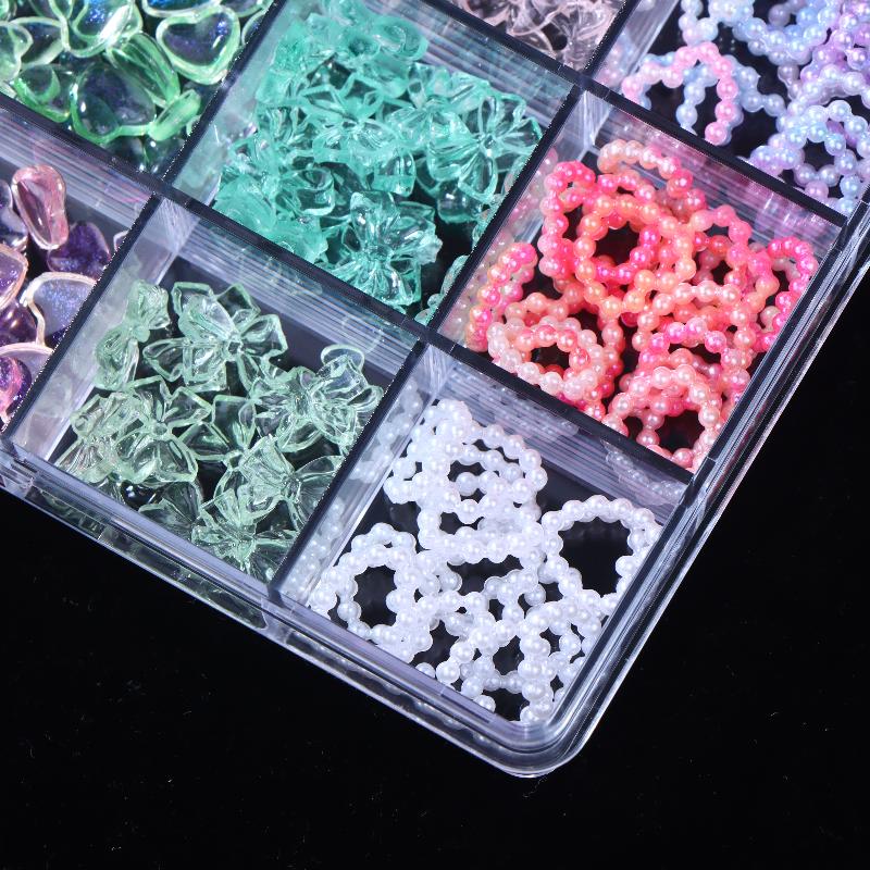 12/15 Grids/Box Mixed Resin Bowknot Nail Charms 3D Colorful Bow  Nail Art Decorations Diy Manicure Parts With Tools