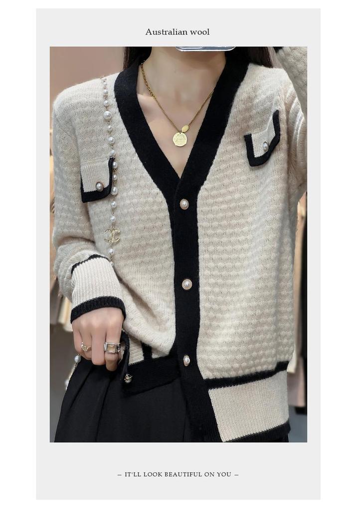 2025 A/W Women's V-Neck Color Block Tweed Knit Cardigan Sweater - Long Sleeve Base Layer