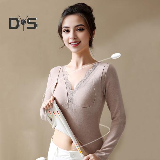 Thermo-Unterteile mit integrierten Brustpolstern. Doppellagige, warme DE-Samt-Langarmpullover-Oberteile, einfarbig, für den Winter, innen und außen