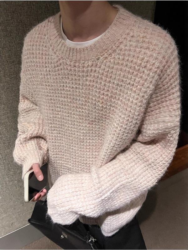 Unisex Pink Round Neck Knit Sweater, American College Style, Casual Loose Fit for Autumn and Winter