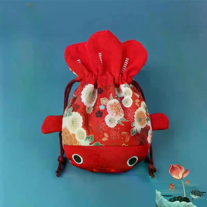Cartoon Canvas Flower Drawstring Bag New Year Large Capacity Gold Fish Shape Handbag Coin Purse Wedding Candy Bag