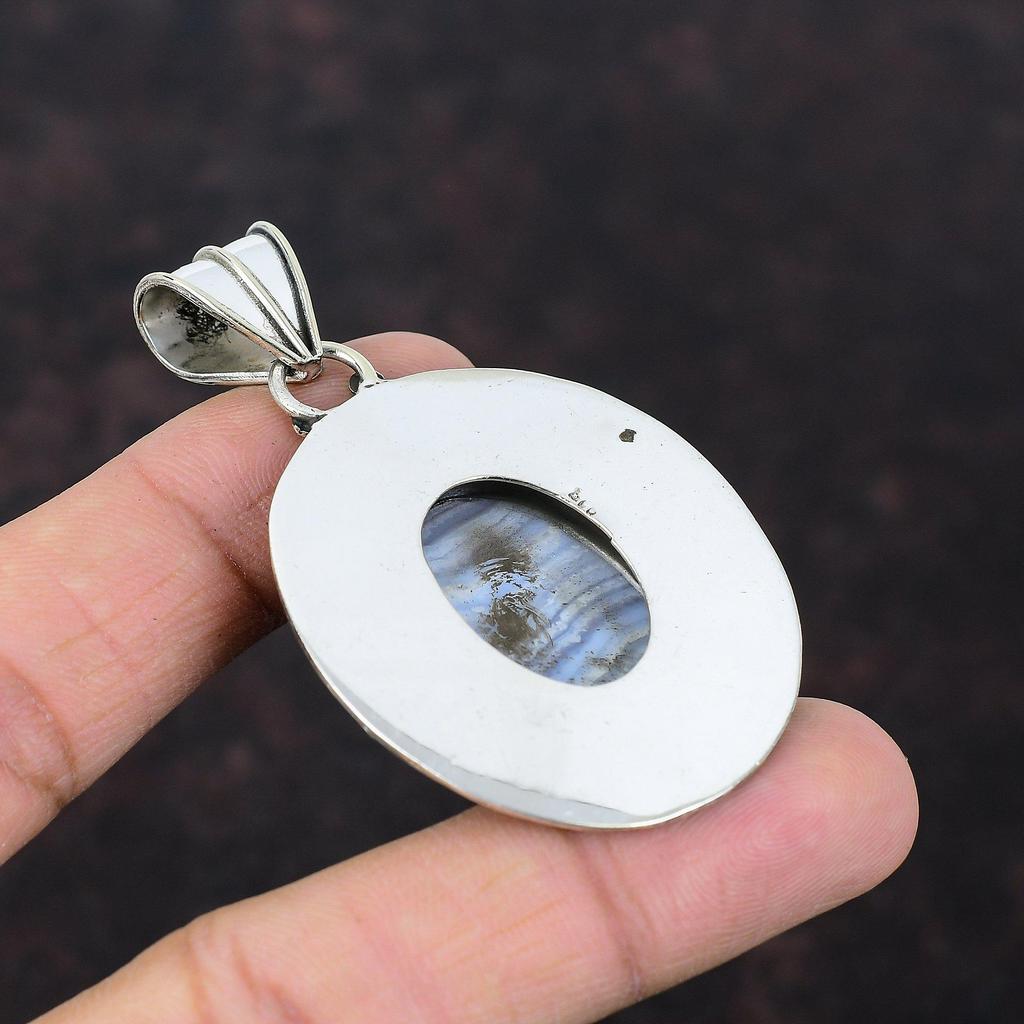 Blue Lace Agate Pendant Natural Gemstone Pendant Decent Jewelry 925 Sterling Silver Pendant Vintage Pendant Handmade Jewelry Gift For Mother