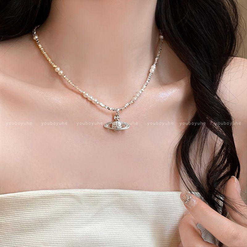 

Xiempress Saturn Broken Silver Pearl Necklace Women Light Luxury High Sense Choker Niche Exquisite Temperament Accessories Knock Flash ~ Planet Broken Silver Pearl Necklace