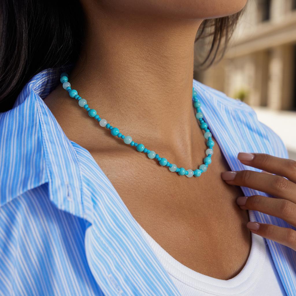 Youthway Blue Turquoise + Natural Stone Bead Necklace with Stainless Steel Chain Tail Suitable for Vacation Wear Women Necklace