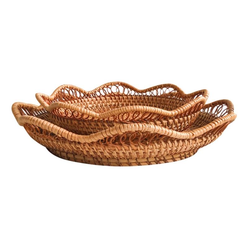 Decorative Handwoven Rattan Storage Tray Round Fruit Cake Wicker Storage Baskets Dinner Serving Tray Breakfast Bread Food Plate