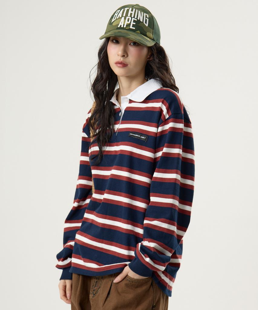 UNKNOWN PLANET Ivy Stripe Rugby Collar Shirt Brown