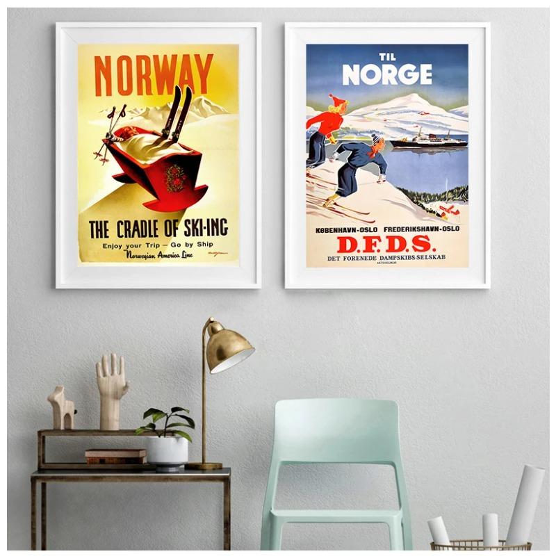 Ski in Norway Norge Fjords Map Vintage Retro Travel Classic Canvas Paintings Kraft Posters Wall Stickers Home Decor Family Gift
