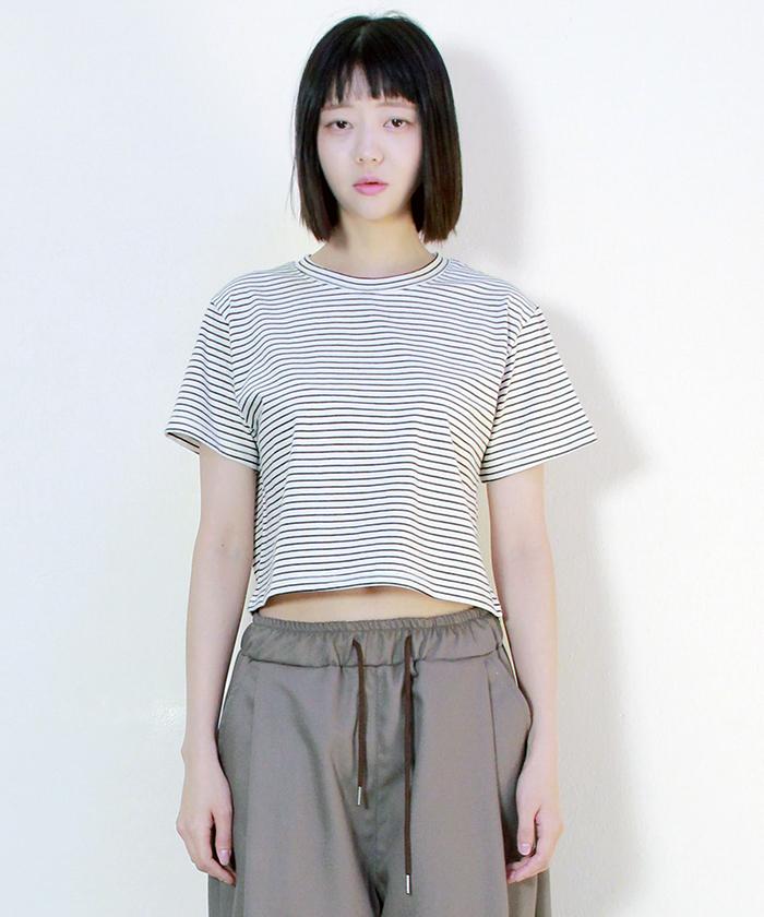 Deumakeu Loose Fit Pinstripe Crop Short Sleeve T-Shirt Ivory
