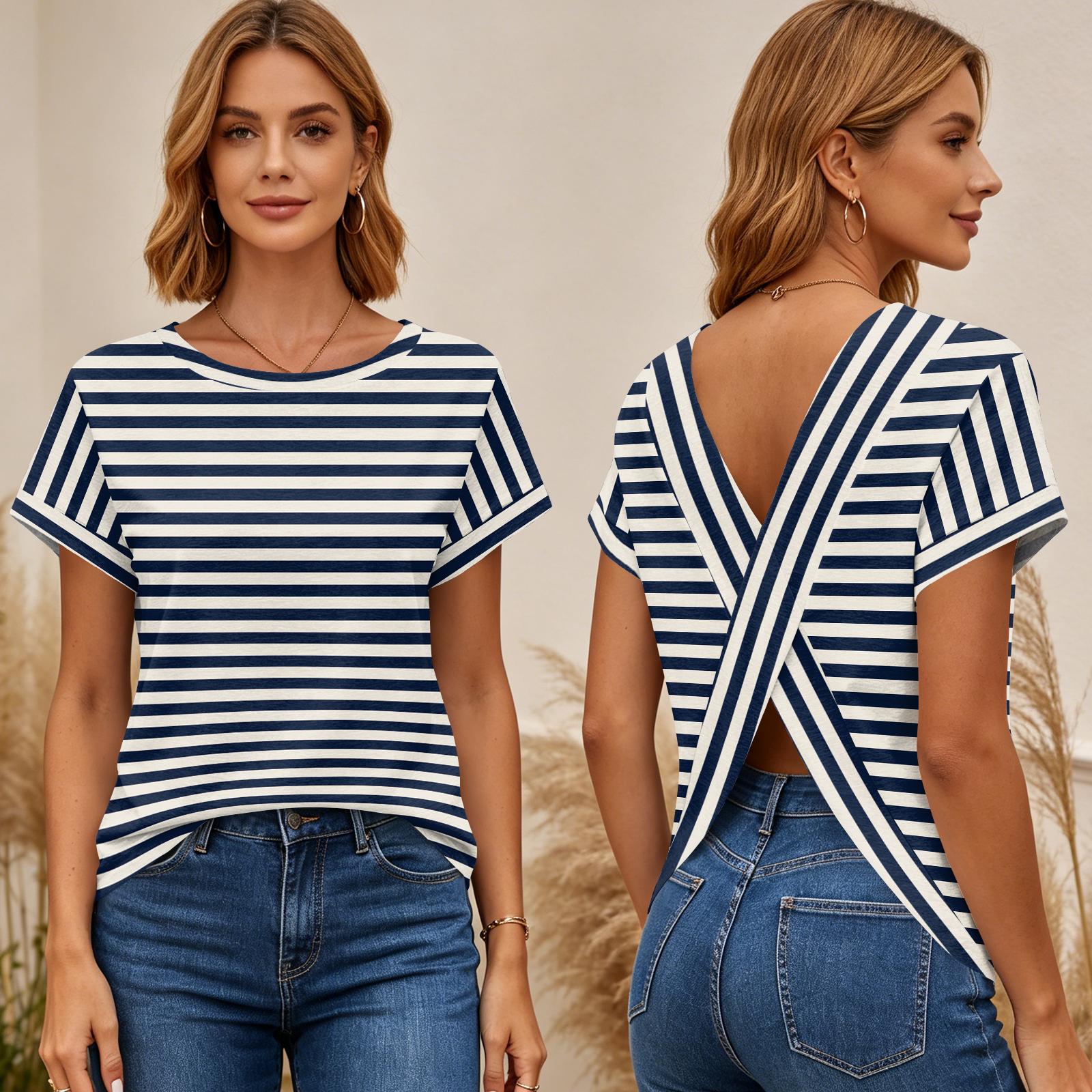 

Women s Short Sleeve Striped Print Top Cross Back Open Back T Shirt Casual Summer Blouse Lightweight Breathable Fabric M