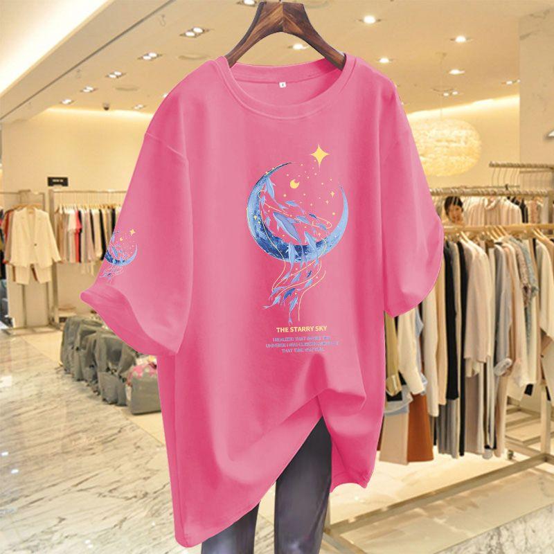 2024 Summer Round Neck Pure Cotton Loose Fitting Mid Length Version Trend Printing Comfort Versatile Women's Clothing T-Shirts