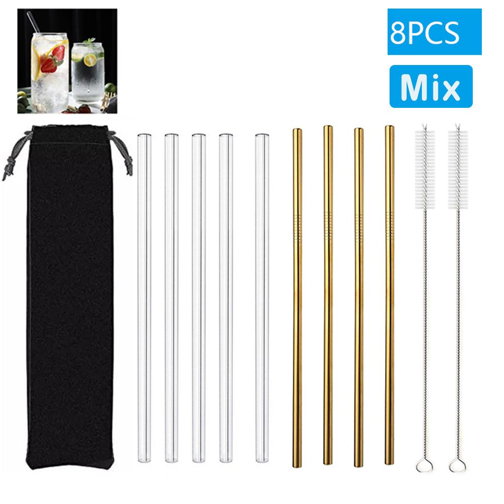 1-10Pcs Glass Straws Eco Friendly Reusable Drinking Metal Straw with Brushes Smoothies Milkshake Cocktails Party Bar Accessory