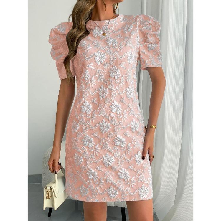 Textured Jacquard Women New Style Summer Vintage Dresses Round Neck Bubble Sleeve