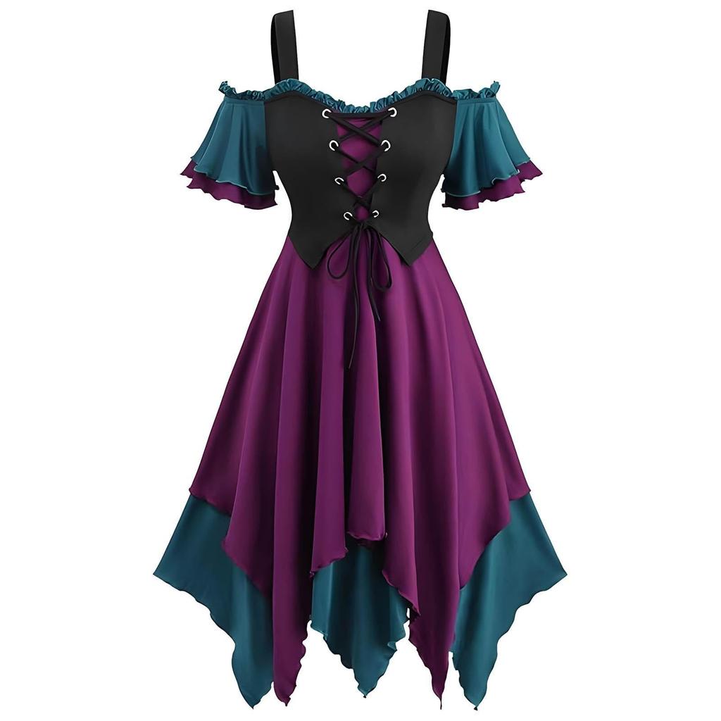 Women’s  Cool Solid Gothic  Lace Insert Butterfly Sleeve Dress