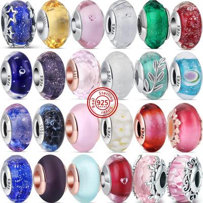 New 925 Sterling Silver Colorful Clear Zircon Sparkling Murano Glass Beads Fit Charms Bracelet Diy Jewelry
