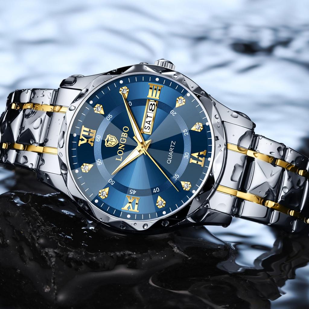 Stylish chronograph business quartz stainless steel sapphire luminous blue A perfect gift for men's watch, watch, movement, band, crystal, waterproof,