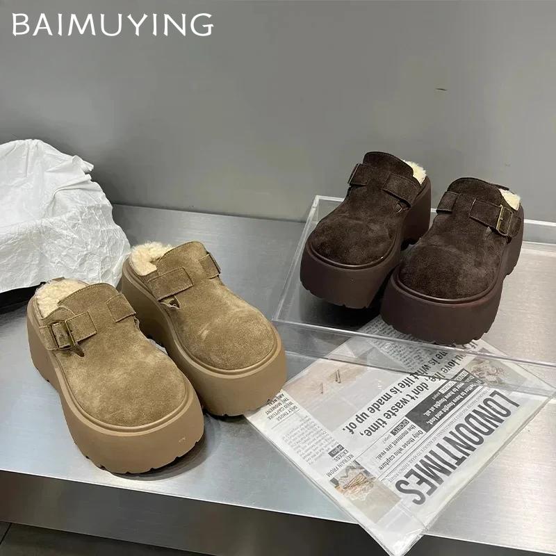Platformové pantofle na vysokém podpatku Dámské semišové nazouváky Žena 2025 Trend Zima Nové Teplé Ležérní Módní Sněhové Boty Mujer Zapatos