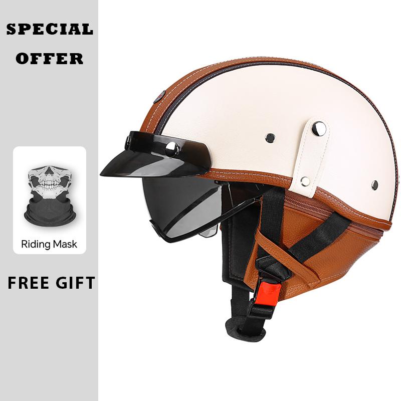 High Quality Brown Leather Half Face Helmet for Motorcycle Electric Scooter DOT ECE Approved Men Women Moto Half Helmet