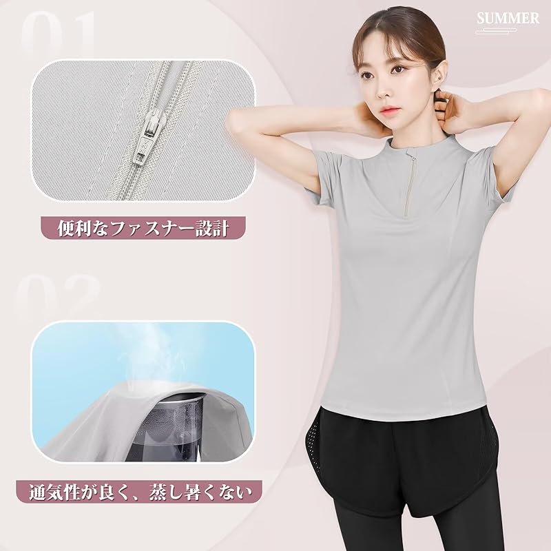 [Rovidorx] Yoga Wear Tops Half Zip Shirt Short Sleeve T-shirt Ladies Sports Training Running Wear Golf Wear Tennis Wear Sportswear Pilates Wear Gym