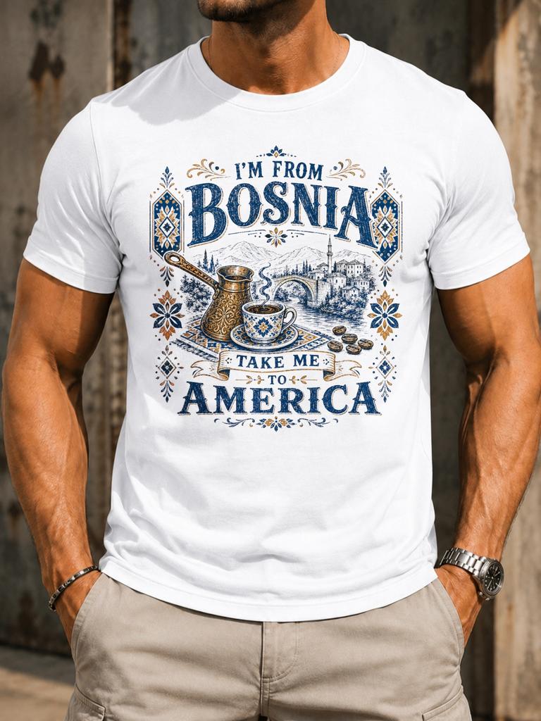 M From Bosnia Take To America Folk Border Coffee Pot Cup Bridge Landse Blue Gold Heritage Style Unisex All Tshirt