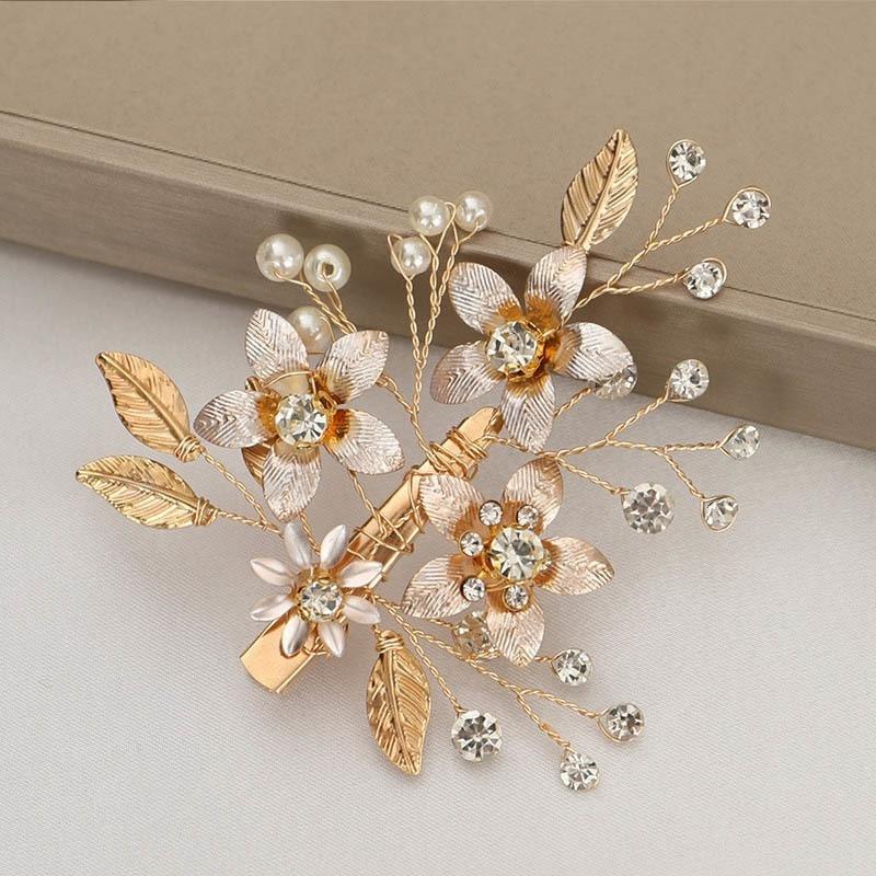 Gold Flowers Bridal Bride Wedding Hair Jewelry Accessories Retro Handmade Simulation Pearl Hairclip