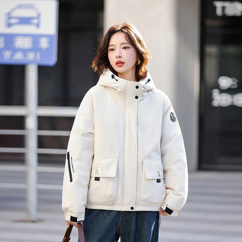 Autumn and winter new down cotton jacket women's big pocket hooded casual loose outdoor cotton trench coat