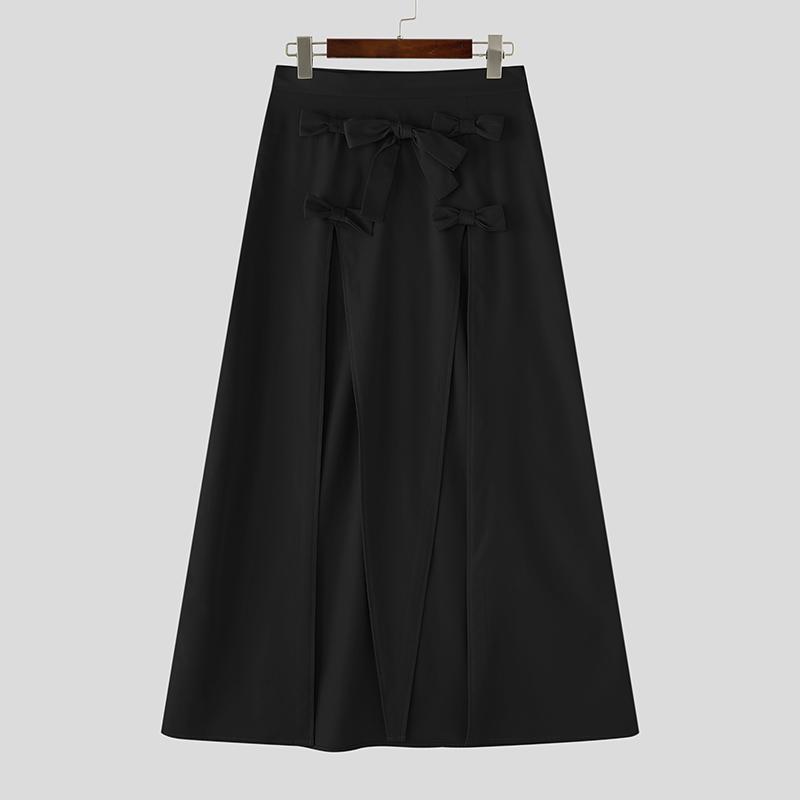 INCERUN Men High Waist Side Zip-Up Bow Kont Long Party Splits Kilt Skirts