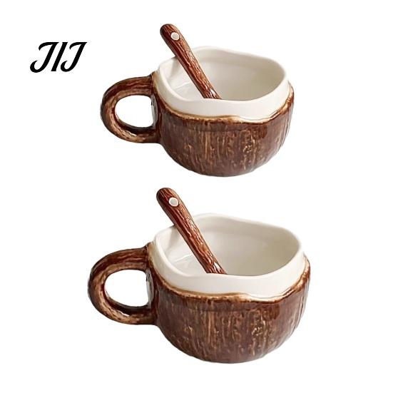 Unique Textured Breakfast Bowl Vintage Coconut Shell Ceramic Mug, Handmade Irregular Coffee Cup with Spoon, Cereal Mug Rustic Texture Oatmeal Tea for