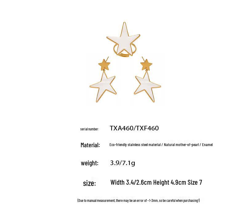 Qiong Yao 18K Gold-Plated Mother-of-Pearl Star Pendant Earrings & Openable Ring with Bold Oil Drip Design