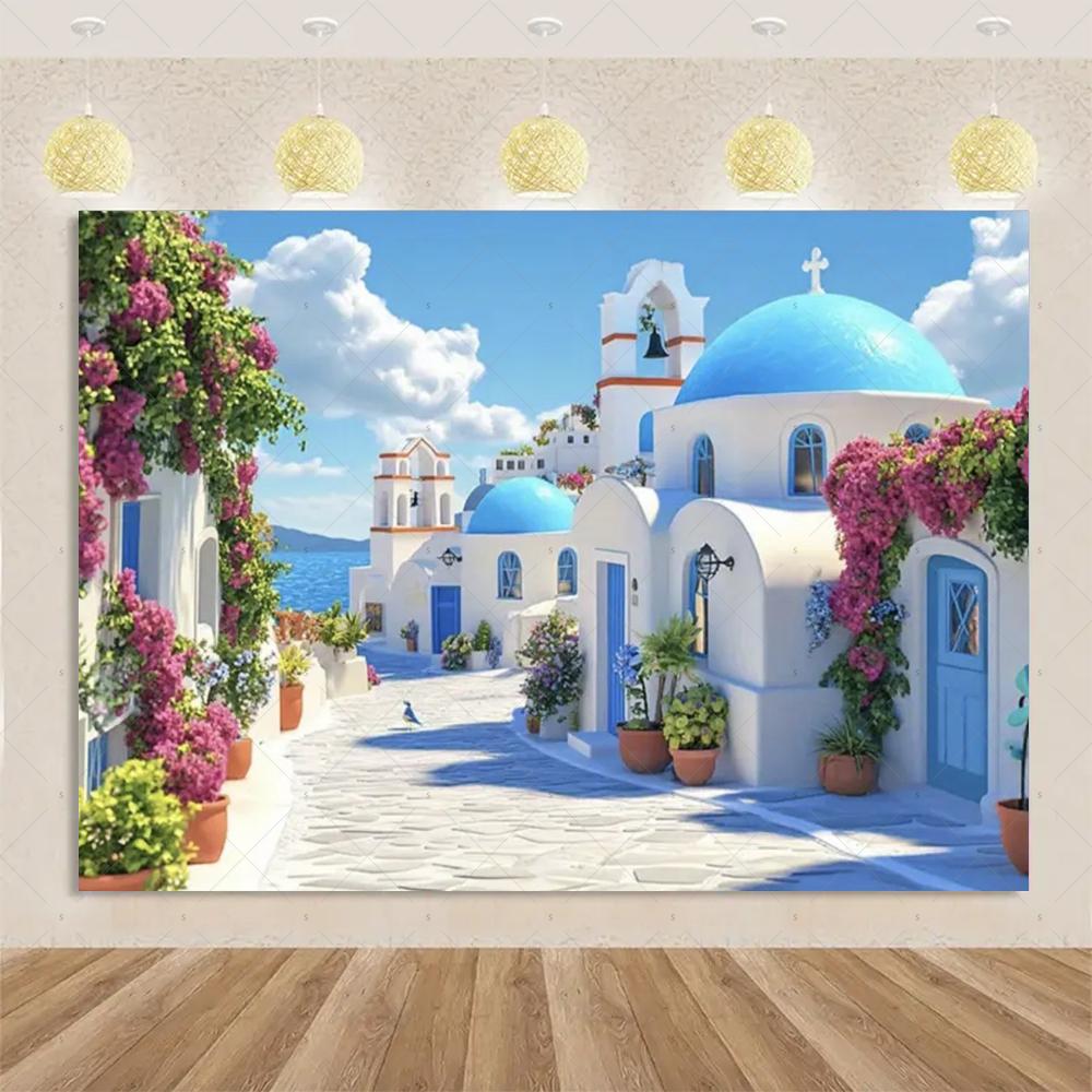 Nordische Griechische Landschaft Hausparty Dekorationen Inselstadt Santorin Blaue Kuppel Kirche Ägäis von Santorin Fotografie Hintergrund