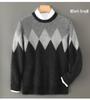 Men's Retro Diamond Pattern 100% Wool Sweater - Thick Knit Round Neck Pullover for Autumn/Winter