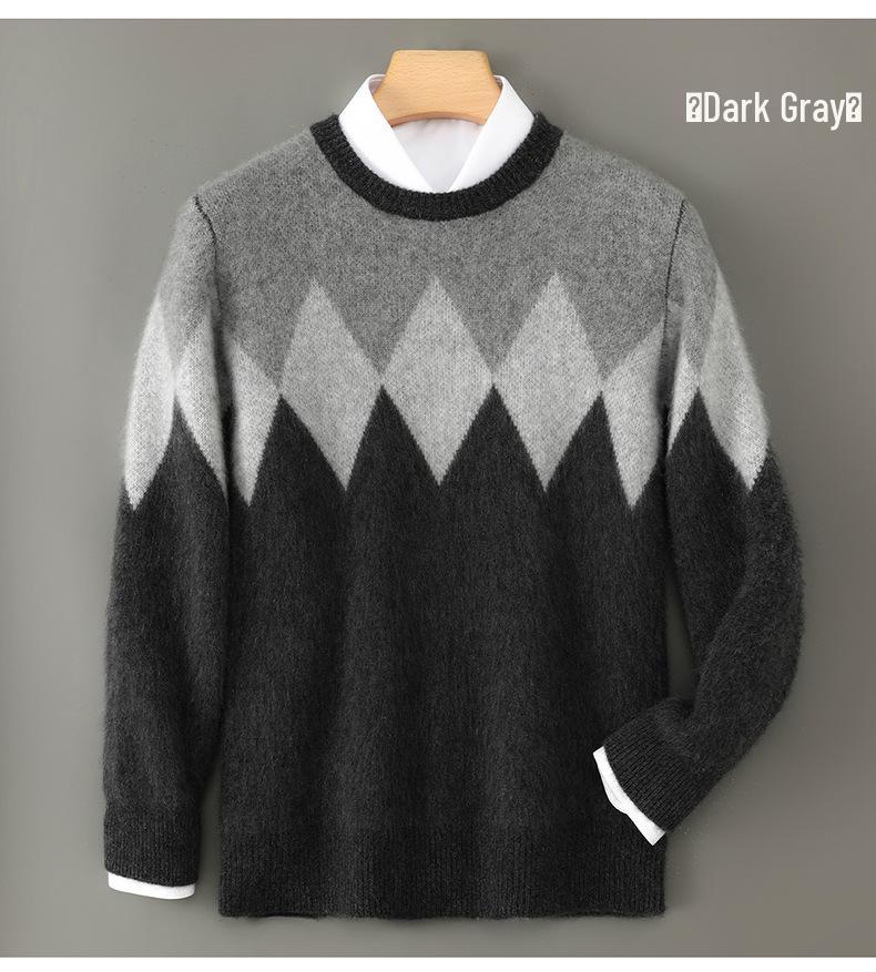 Men's Retro Diamond Pattern 100% Wool Sweater - Thick Knit Round Neck Pullover for Autumn/Winter