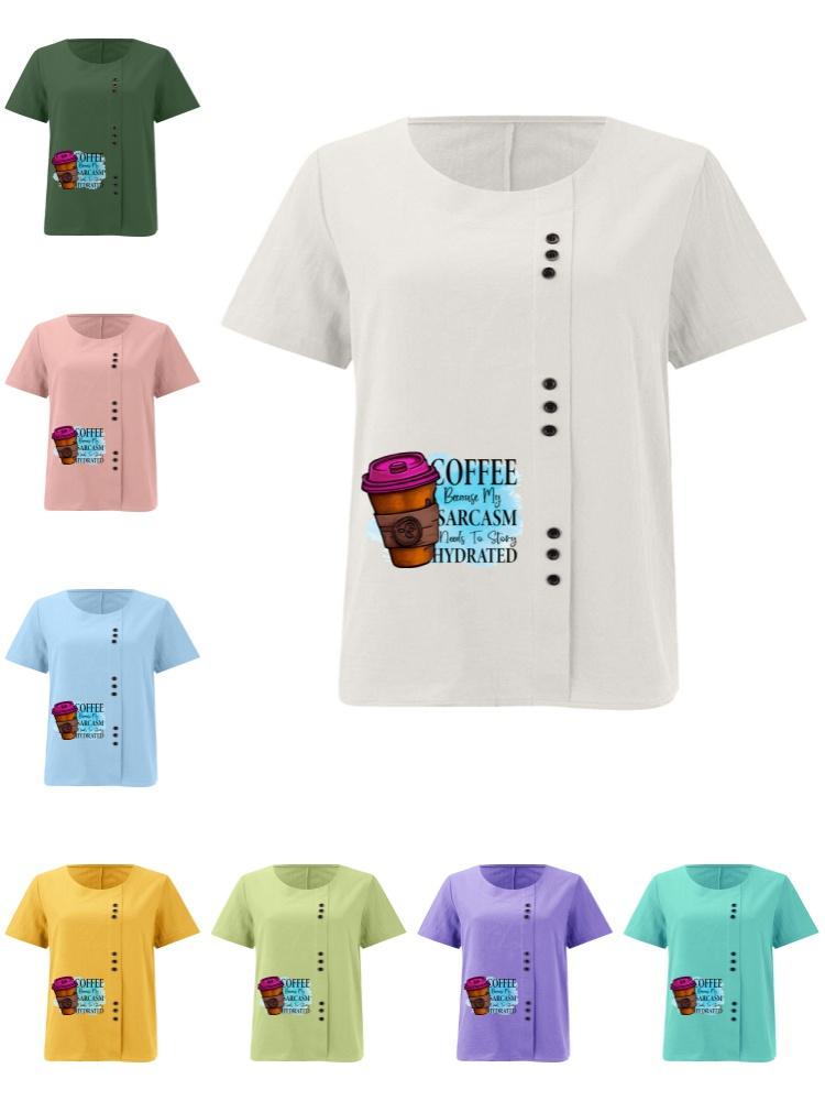 Women's Fashion Coffee Alphabet Print Casual Cotton Linen Short Sleeve Round Neck T-shirt Shirt Leisure Loose Summer Blouse Tops