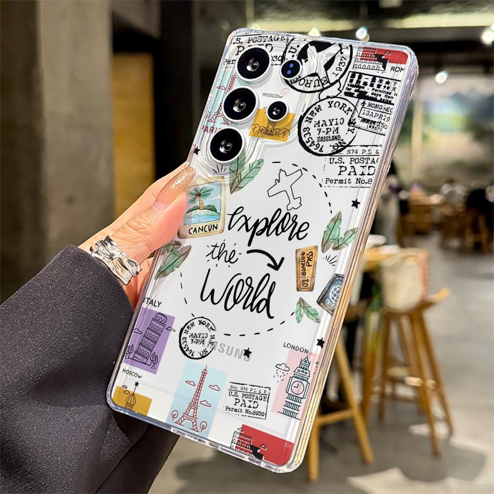 Travel Postcard Phone Case For Samsung Galaxy A35 A55 A53 A54 A34 5G Note 20 S23 S25 S24 S22 S21 Ultra FE Plus Clear TPU Fundas