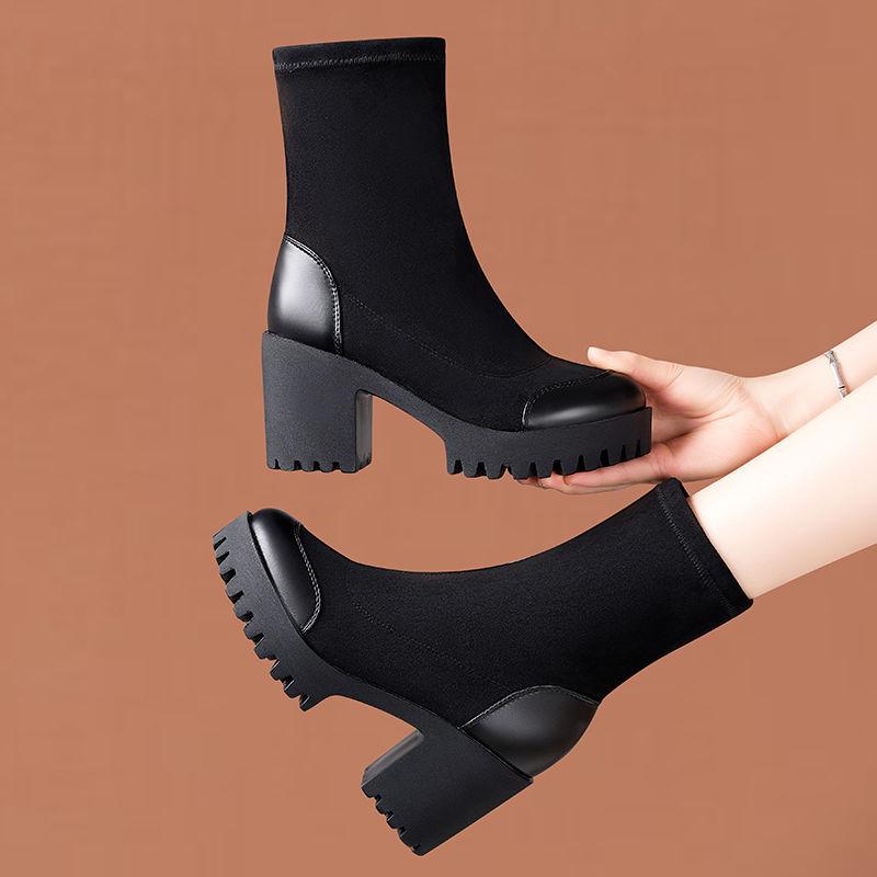 8cm 10cm Small Size 33-43 Flexible Stretch Boots Women's Platform Shoes Fall Winter 2025 Block High Heels Ankle Boots with Fur