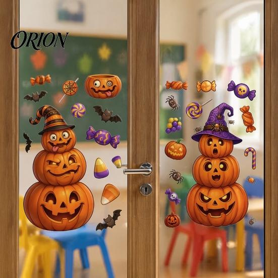 Home Window Ornaments Halloween Cartoon Cling Stickers, Ghost Pumpkin Candy Glass Decals, Self-Adhesive Removable Party Venue Backgrounds Art