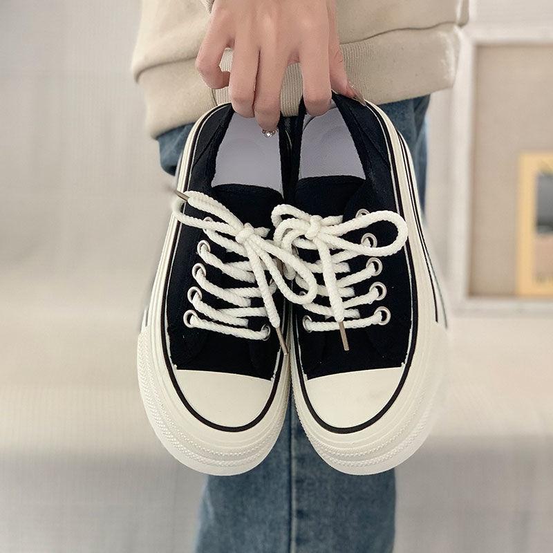 Cream platform canvas shoes women's thin autumn new ins trendy niche Korean version big head muffin student white shoes