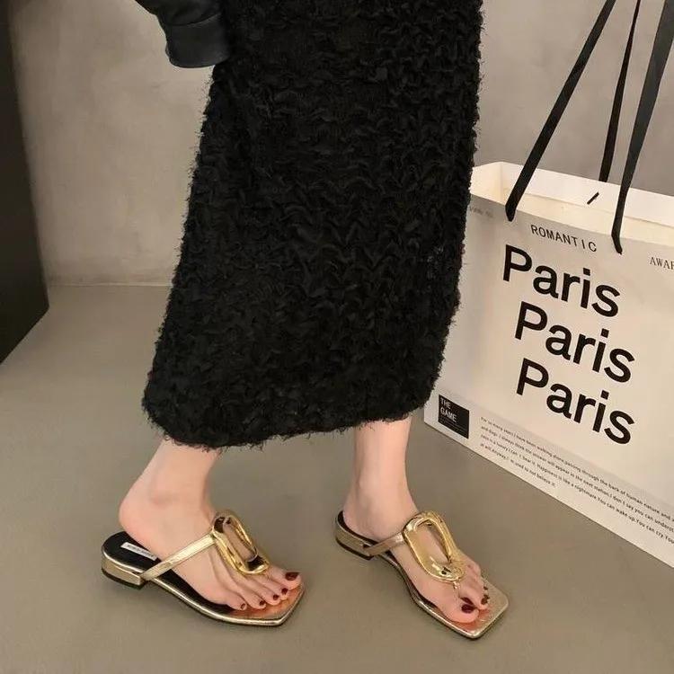 New Square Toe Open-toe Flip-flops Women's Solid Color Versatile Clip-toe Flat Metal Buckle Sandals Shoes for Women