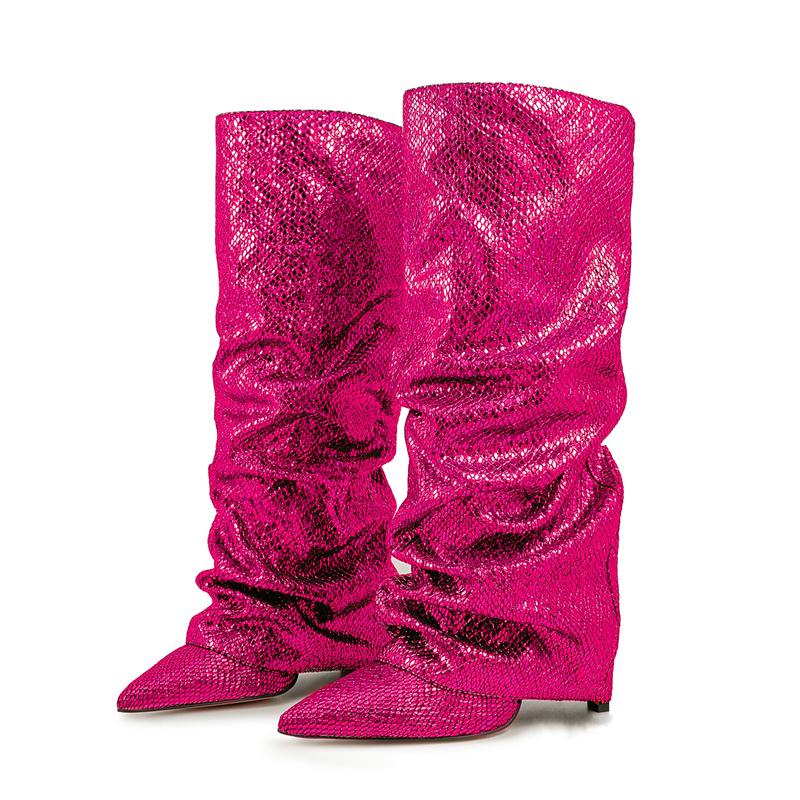 Krokodilmuster Damen High Boots Spitzschuh Leopardenmuster Keilschuhe Retro Schlupf-Muster Ärmel Kniehoch Plissee Stiefel