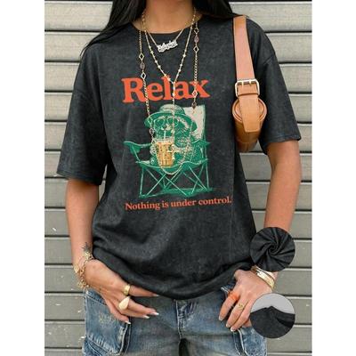 Europäische Größen Herren T-Shirt - Oversized Lockerer Schnitt Kurzarm Oberteil mit Relax Schriftzug & Waschbär, Rundhals Bluse Geeignet für den Sommer