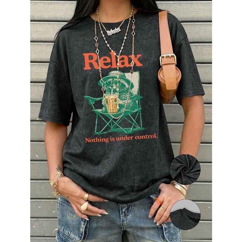 

European sizes Men s T-Shirt - Oversized Loose Fit Short Sleeve Top with Relax Lettering & Raccoon, Round Neck Blouse Suitable for Summer S чёрный