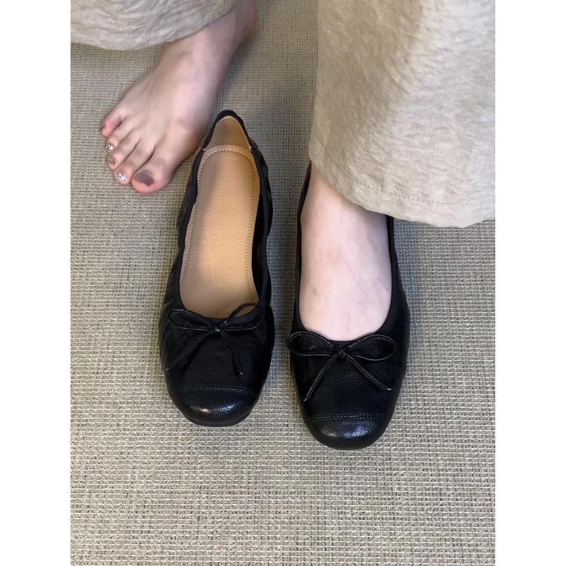 Cowhide version retro shallow mouth single shoes women's leather flat bottom versatile bow evening shoes super soft egg roll ballet shoes