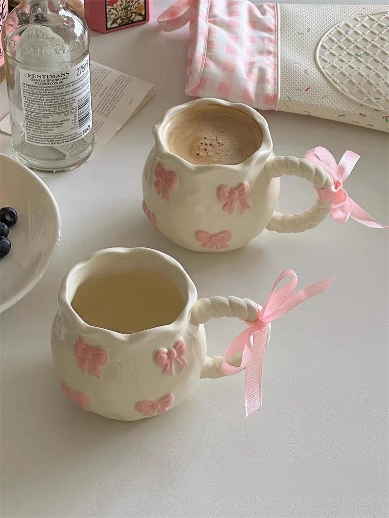 Cute Bow Thickened Ceramic Cup Hand Draw Knot Bow Irregular Mug Cups Coffee Milk Drinks Cup