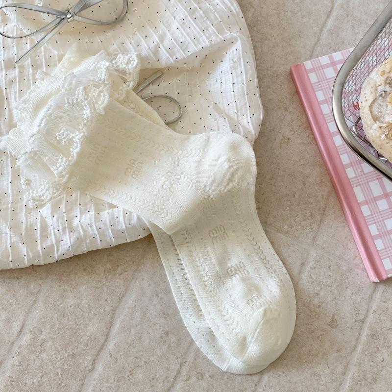 Cream White Hollow Breathable Cotton Ruffle Bow Calf Socks Kawaii Jk Lolita Daily Party Dress Accessory Women Socks