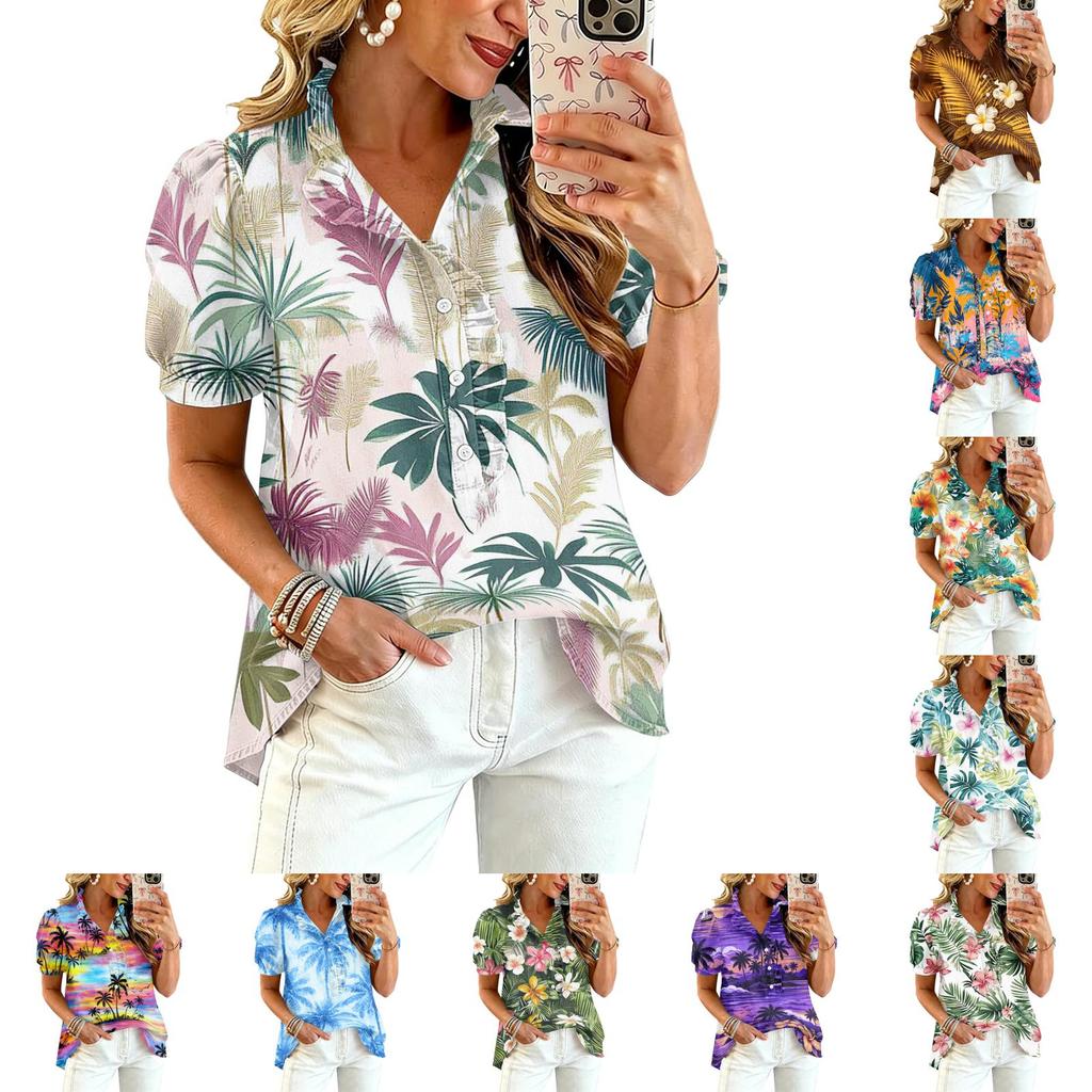 Women’s Casual Ruffle V Neck Top with Hawaiian Tree Print Short Puff Sleeve Button Down Relaxed Fit Summer Blouse