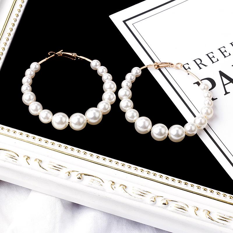 Vintage Exaggerated Graduated Pearl Circle Earrings Hoop Earrings for Women Girl Jewelry